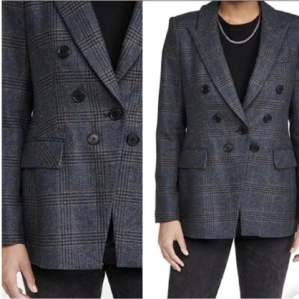 Veronica Beard Yareli Grey Plaid Wool Dickey Blazer Size 12 Double Breasted